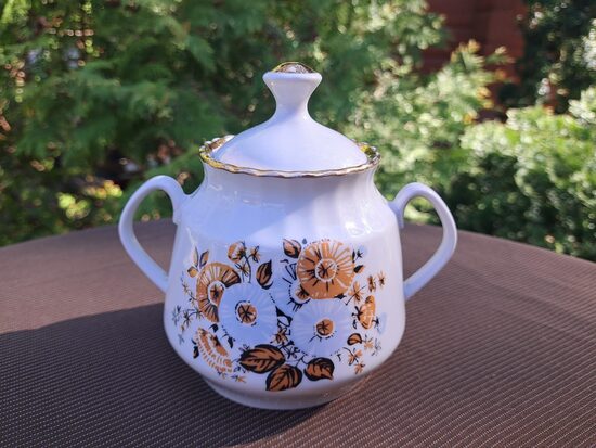 Cukurtrauks, tējas servīze "Māra" ar bēši zilām puķēm, RPR (Māra tējas 224)