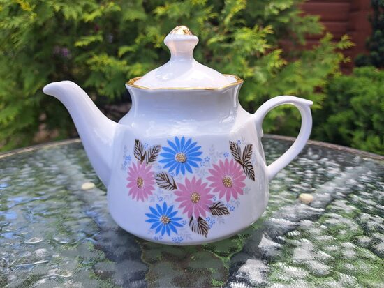 Tējkanna, tējas servīze "Karīna" ar rozā un zilām margrietiņām un zeltu, RPR (Karīna 207)