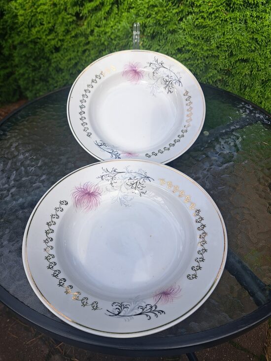 Zupas šķīvji, diam. 24cm, pusdienu servīze "Aija-2" ar zeltu un lillā krizamtēmu, RPR (Aija-2 pus 113)