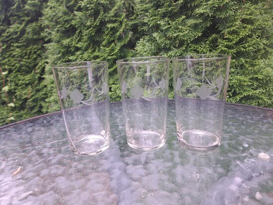 Vintāžas plāna stikla ūdens glāzes, 200ml ar iegravēto puķu vainagu (Stikla gl 308)