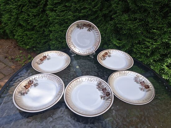 Kūku šķīvji, plānsienu kafijas servīze "RĪGA" lustrēta (dzeltens lustras tonis) ar čiekuriem ar brūnu apvilkumu, RPR (Rīga 80 121)