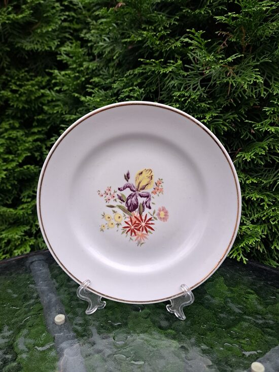 Šķīvji salātu, d=20cm ar meisena pušķi (lilla īriss) un zeltu gar malu, PFF (Citi pusd 172)