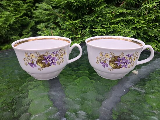 Krūzītes, tējas servīze "Māra" ar vijolītēm un zeltu, RPR (Māra tējas 233)