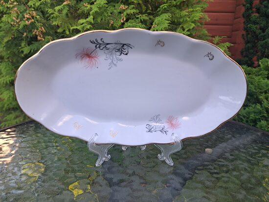 Garenais šķīvjis, pusdienu servīzee "Ārija" ar rozā krizantēmām (lielāku un mazāku), RPR. L=30cm (Ārija pusdienu 453)