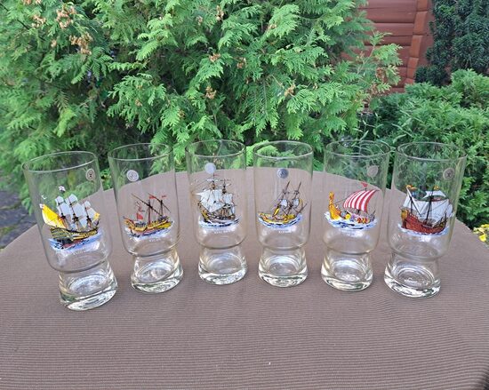 Stikla sulas glāžu komplekts 6 personām ar veciem kuģiem, til[ 325ml, Latvijas stikls (Stikla gl 176)