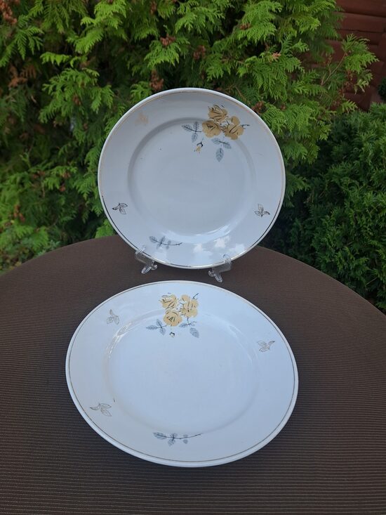 Otrā ēdiena šķīvji d=24cm ar dzeltenu rozi, zelta lapiņām un apvilkumu, pusdienu servīze "Spīdola", PFF (Spīdola 147)