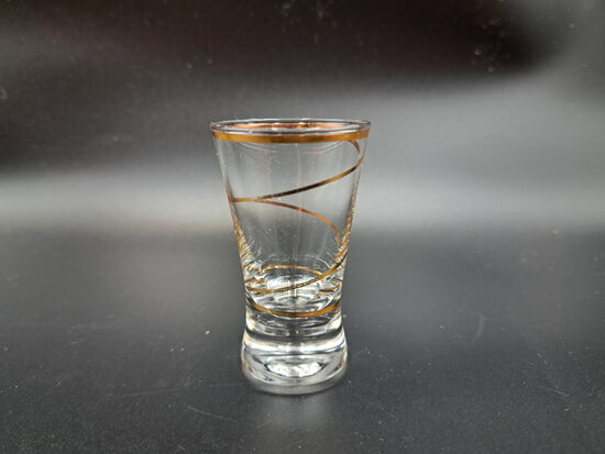 Stikla glāzīte konusveida uz platas pamatnes 25ml, spirālveida zelta svītra, 20.gs.beigas (Stikla gl 394)