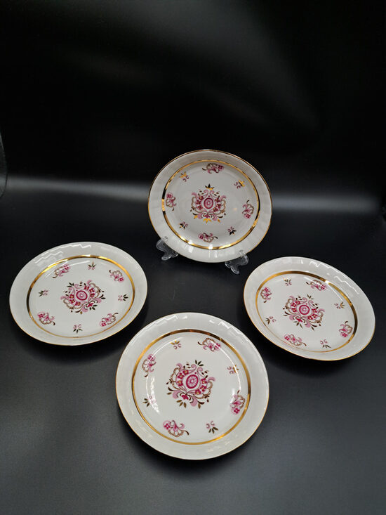 Kūku šķīvji ar rozā dekolu un zeltu, reta plānsienu kafijas servīze "Nelda" (Nelda 01)