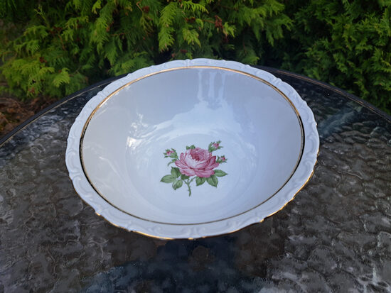 Dziļa un liela salātu/kartupeļu bļoda ar košu rozi un zeltu, d=24cm, dziļums 8cm. Ražotājs, Kahla (Vācija 289)