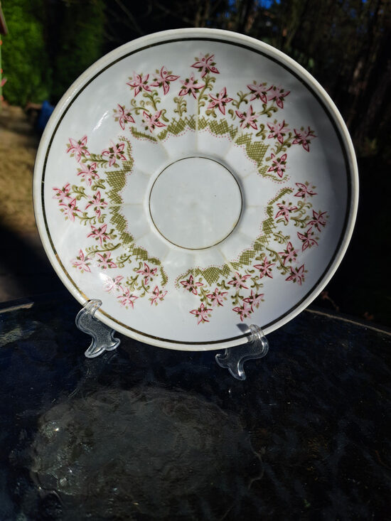 Reta buljona apakštase ar vairākām sīkam rozā puķītēm, zaļām lapuņām, šauru zelta apvilkumu centrā un gar malu, RPR (Buljona 302)