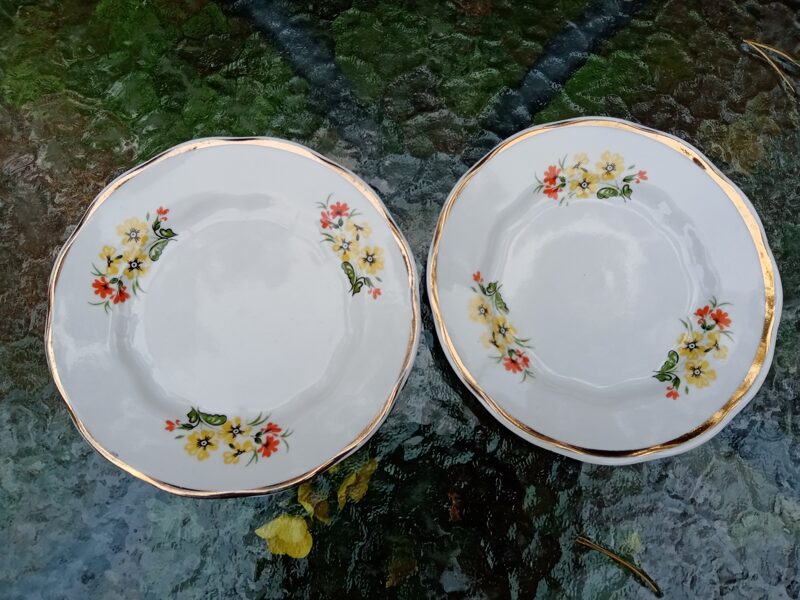 Kūku šķīvji, kafijas servīze "Ārija" ar dzeltenām un oranžām puķēm ar zeltu (Ārija kafijas 41)