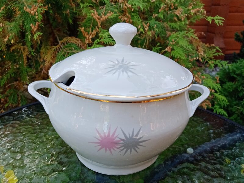 Terīne  ar rozā-pelēka zvaigznēm un zeltu, pusdienu servīze ROKOKO, PFF (Rokoko 78)