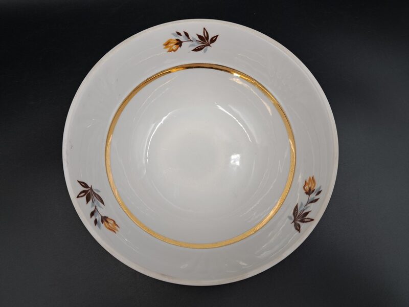 Lielā ievārījuma bļoda ar brūnām tulpēm un zeltu no komplekta 6+1, forma "Māra", RPR (Māra tējas 148)