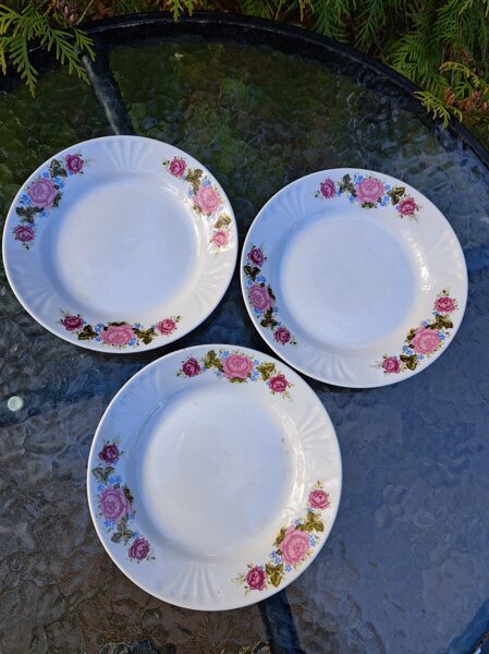 Kūku šķīvji, tējas servīze "Māra" ar rozēm uz rozā fona, bez zelta, RPR (Māra tējas 105)