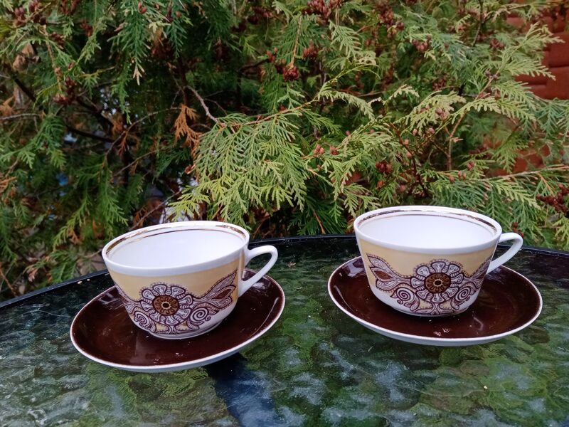 Kafijas pāris (krūzīte+aoakstase), kafijas servīze "Vasara" ar bešu un brūnu dekolu  (Vasara 50)