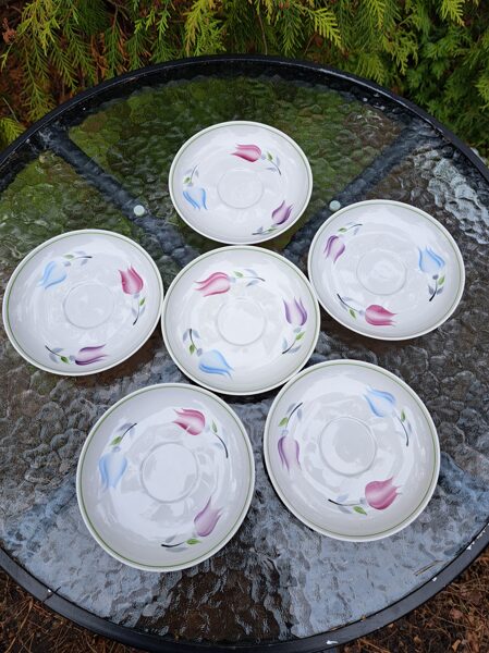 Apakštases ar tulpēm (rokas gleznojums) un zaļu lustru, tējas servīze "Viktorija" (Viktorija t 58)