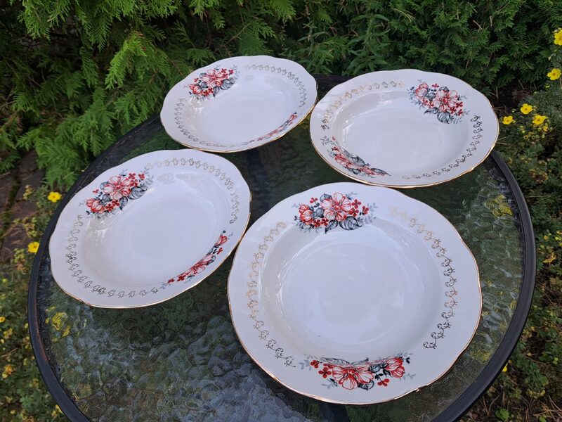 Zupas šķīvji d=24cm ar sarkanu un melnu dekolu (2 vidēja lieluma pušķi), forma "Vilnis", RPR (Vilnis pusdienu 148)