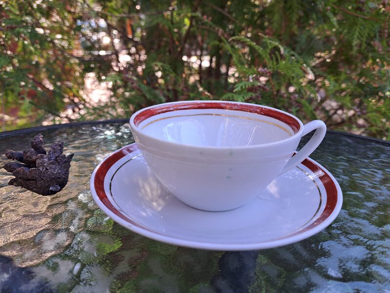 Tējas pāris ar reti sastopamu tautīsko bordo+zelta malu, servīze "Sakta", RPF (Sakta 33)