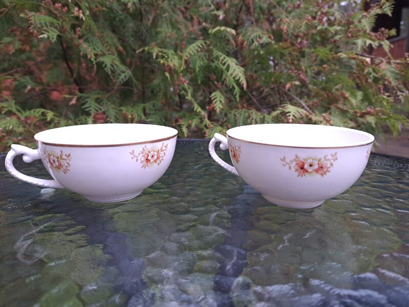 Krūzītes, tējas servīze "Laima" ar maigām puķītēm (1 balta un 2 laškrāsas puķēs pušķī) un zeltu, RPF (Laima 23)