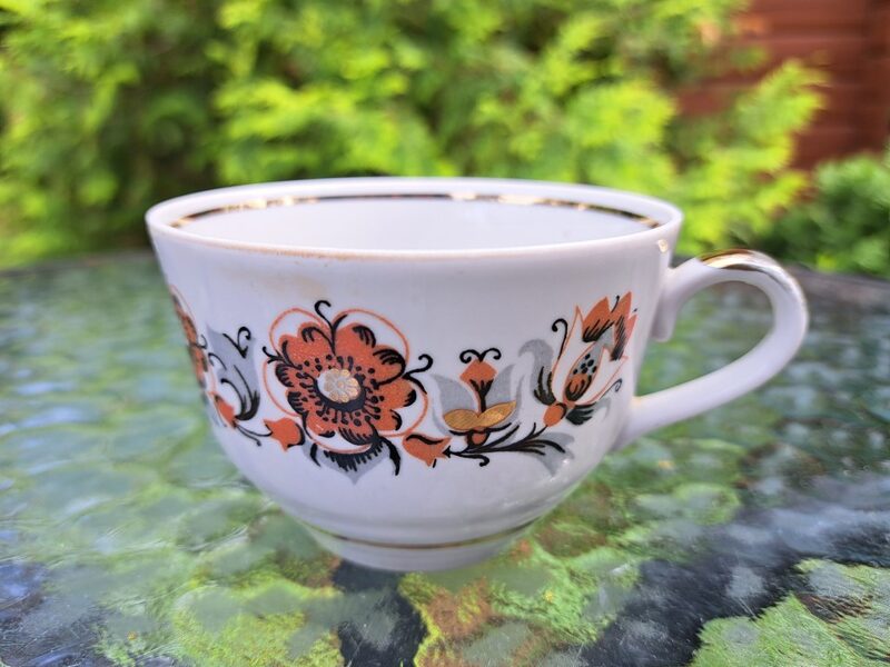 Krūzīte, tējas servīze "Anita" ar brūnām puķēm, pelēku vainagu un zetu, RPR (Anita 34)