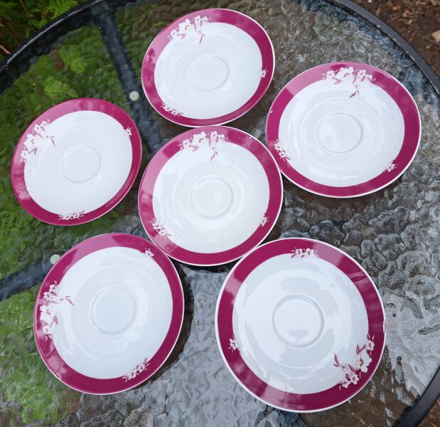 Apakštases tējas  ar platu fuksijas krāsas malu un puķītēm, KOLDIZ (Vācija 62)