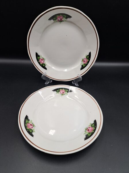 Kūku šķīvji ar rožu kamejām, bez zelta, brūna šaura svītra gar malu, servīze "Karīna", RPR (Karīna 123)