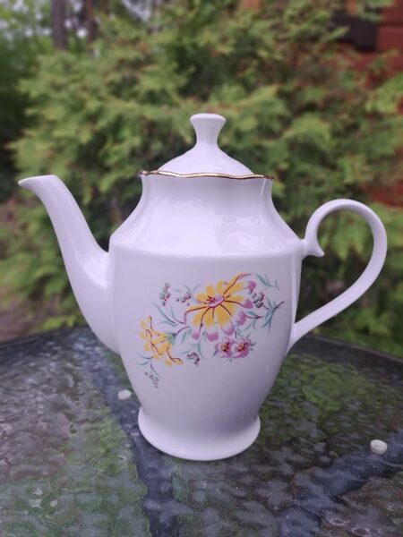 Tējkanna lielā ūdenim ar maigām rozā-dzeltenām puķēm un zeltu, forma tējas "Ārija", RPR (Ārija tjas 138)