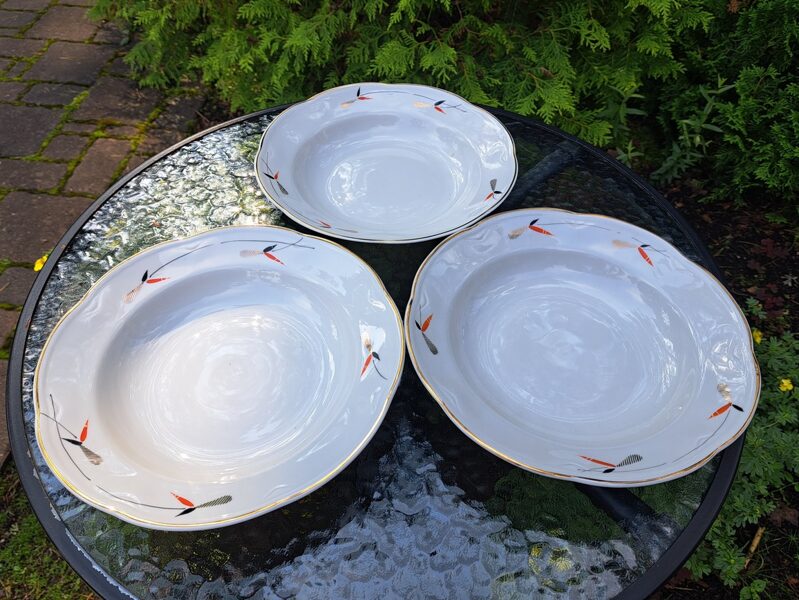 Zupas šķīvji d=24cm, ar melnu-sarkanu-zelta rokas gleznojumu, pusdienu servīze ROKOKO, PFF (Rokoko 109)