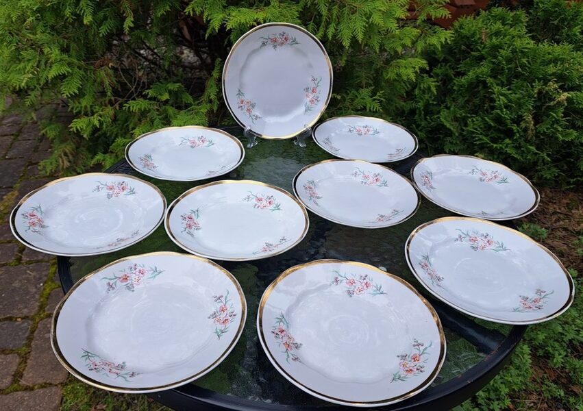 Kūku šķīvji ar maigām rozā-dzeltenām puķēm un zeltu, forma tējas "Ārija", RPR. Diam.17,5cm (Ārija tjas 139)