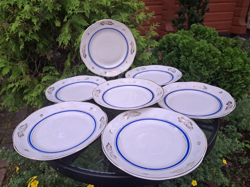 Skaisti otrā ēdiena šķīvji d=24cm, ar tumši zilu malu, zelta lapiņām un zelta svītrām, pusdienu servīze ROKOKO, RPF (Rokoko 113)