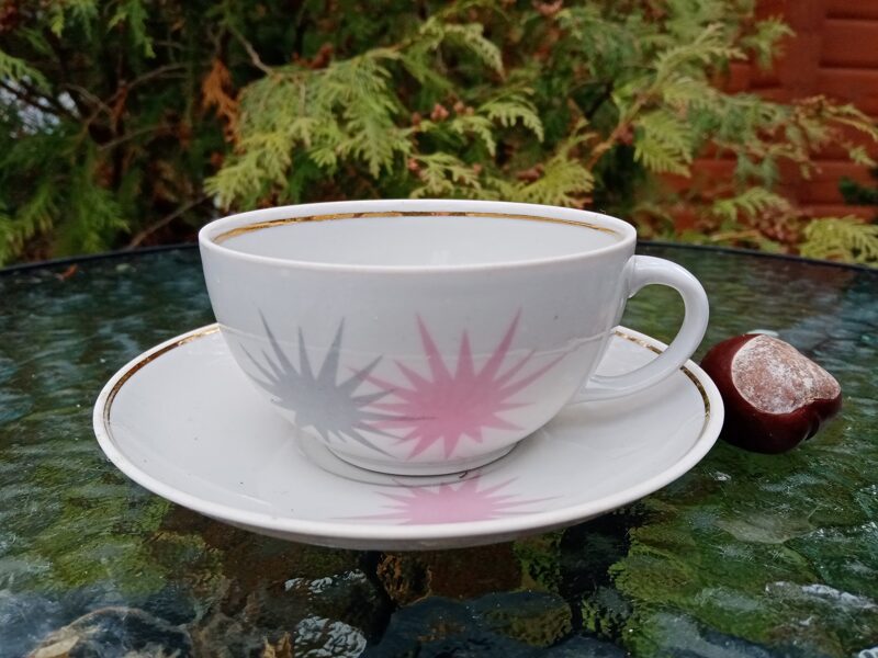Tējas pāris, servīze "Marijka" ar rozā un pelēkām zvaigznēm (Marijka 59)