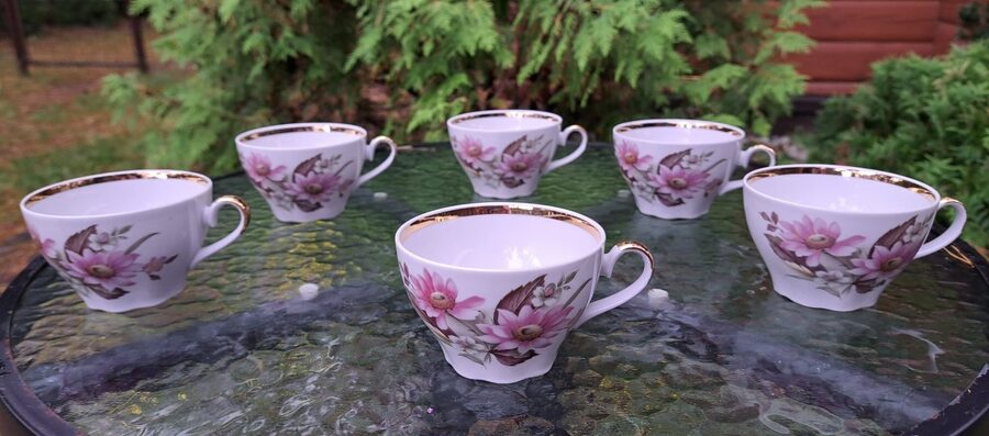 Krūzītes, tējas servīze "Ārija", ar maigi rozā puķēm un zeltu, RPR (Ārija tējas 112)
