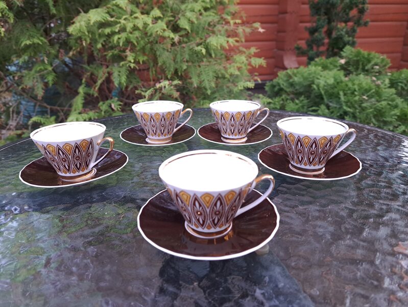 Mokka kafijas pāri, plānsienu porcelāna servīze "VITA", brūni oranžs dekols, RPR (Vita 44)