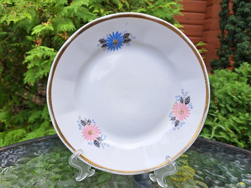 Kūku šķīvji, tējas servīze "Karīna" ar rozā un zilām margrietiņām un zeltu, RPR (Karīna 160)