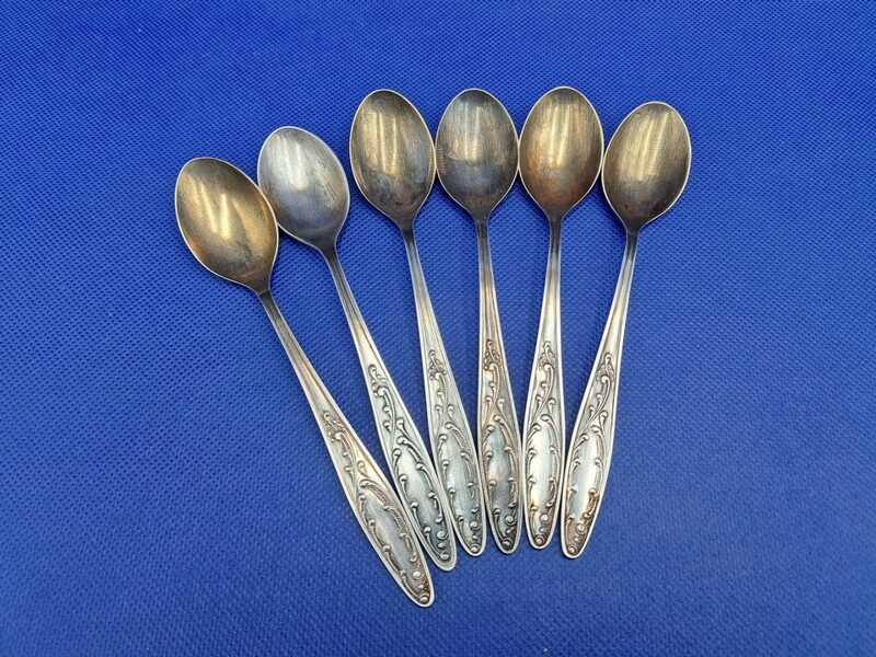 Vintāžs melhiora (vara-niķeļa sakausējums) tējas/deserta karošu komplekts 6 personam. Garums 14cm (Metāls 96)