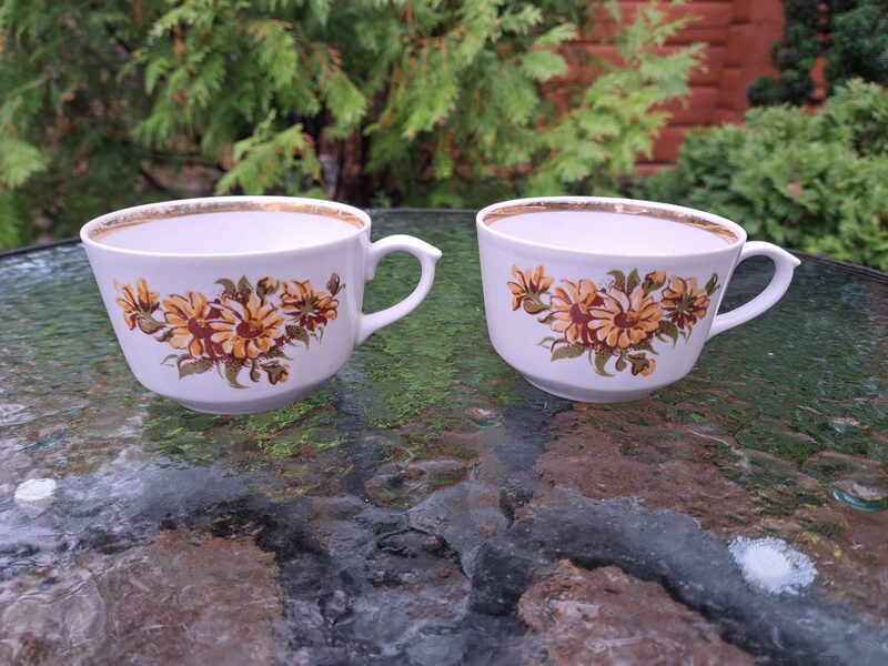 Krūzītes, servīze "Karīna" ar  dzeltenīgi oranžām puķēm, zelta nolietojuma pazīmes (Karīna 185)