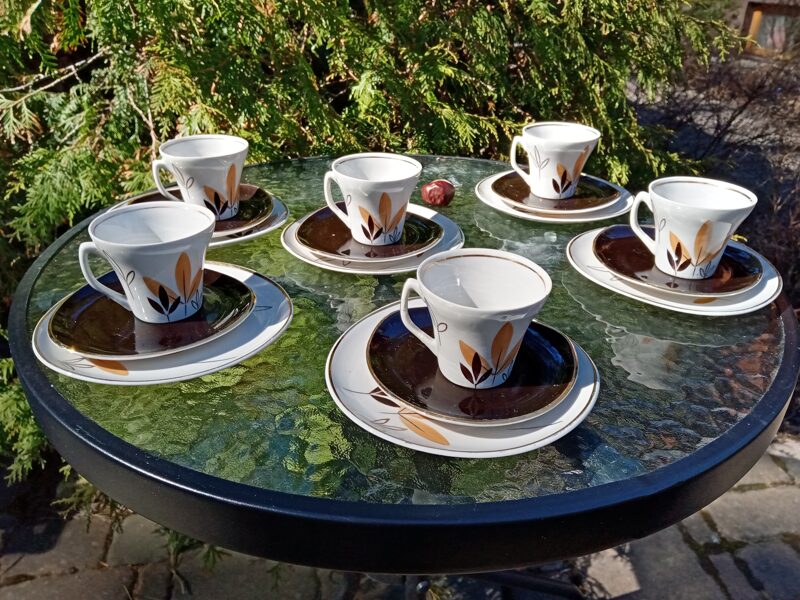 Trio (tase + apakštase + kūku šķīvis), kafijas servīze "Stella" ar brūnām lapām un zeltu (Stella 23)