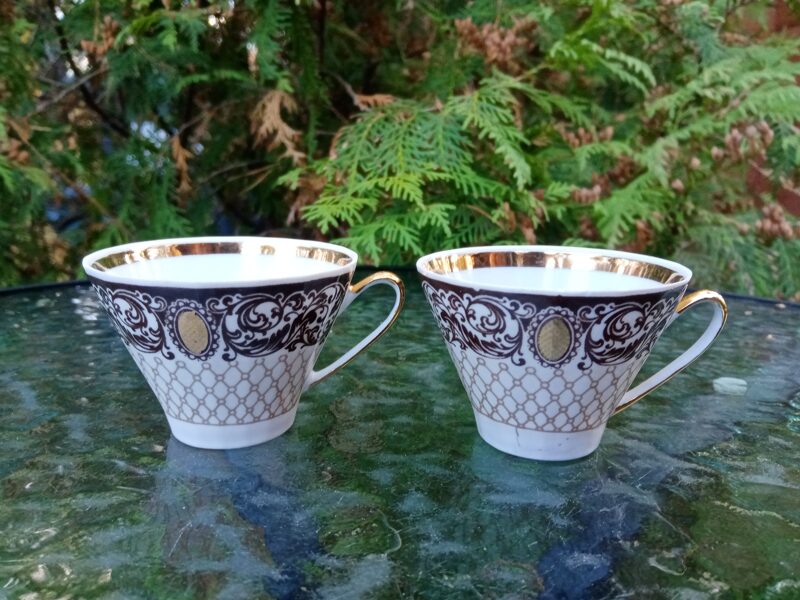 Krūzītes, servīze "VITA" ar brūnu tikliņu  un zelta kamejām (Vita 31)