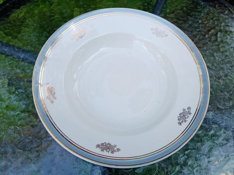 Zupas šķīvis, diam.24cm, ar gaiši zilu malu un zelta puķītēm, PFF (Pirmskara 07)