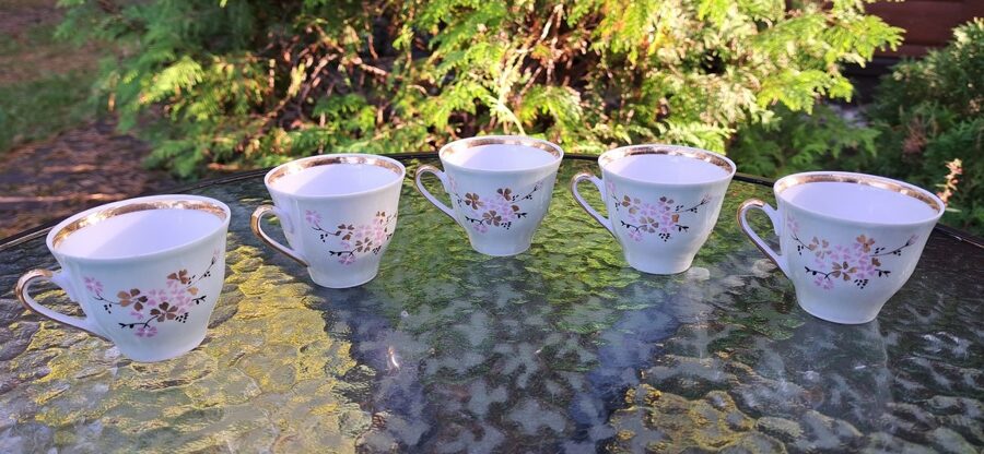 Tase "Marianna", gaiši zaļš pārklājums ar rozā-zelta puķītēm, rokas gleznojums, RPR (Marianna 38)