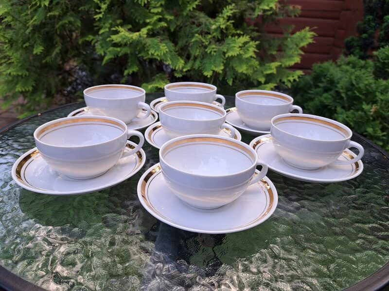 Tējas pāri (krūzīte +apakštase), servīze "Marijka balta ar zelta svītrām, PFF (Marijka 81)