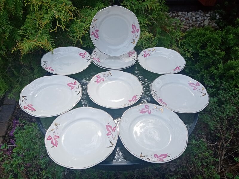 Šķīvji salātu, pusdienu servīze ROKOKO, ar rozā lapu un zeltu, PFF (Rokoko 50)