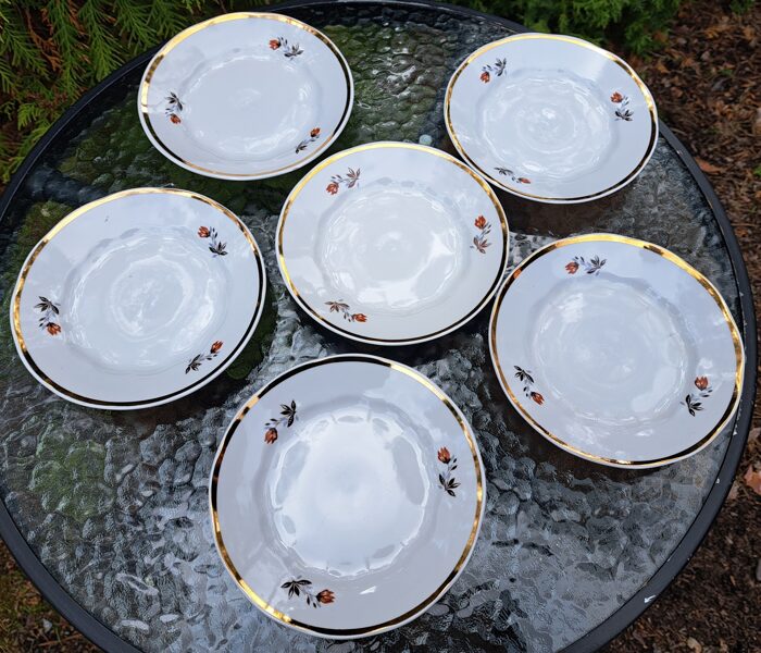 Kūku šķīvji, tējas servīzes "Ārija" ar brūnām tulpēm un zelta malu, RPR (Ārija tējas 67)