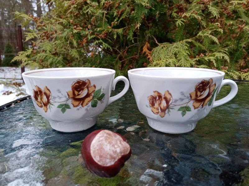 Krūzītes tējas ar gaiši bešām rozēm un gaiši brūnu lustru (bez zelta), tējas servīze "Viktorija" (Viktorija t 48)