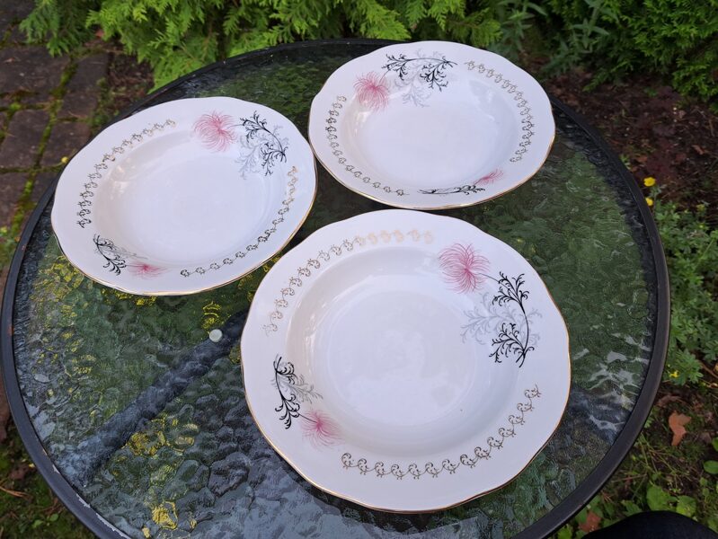 Zupas šķīvji ar rozā krizantēmu, pusdienu servīze "Vilnis", RPR. D= 24cm (Vilnis 123)