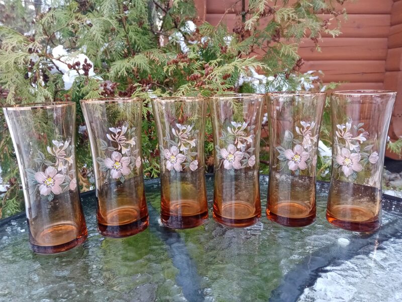 Jauns stikla sulas glāžu komplekts ar zeta malu un maigām puķēm (kompl. 6 personām), Latvijas stikls (Stikla gl 47)