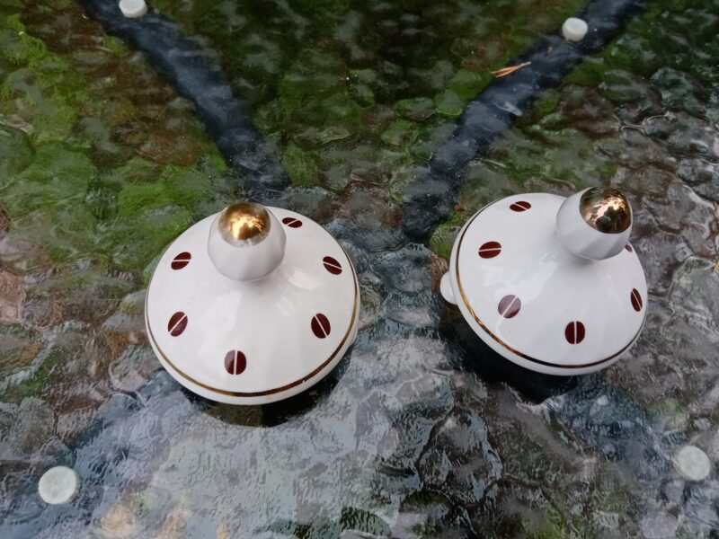 Vāciņi kafijas kannas ar mēlīti, kafijas servīze "RĪGA" ar tumši brūnām kafijas pupiņām un zeltu (Rīga 80 35)