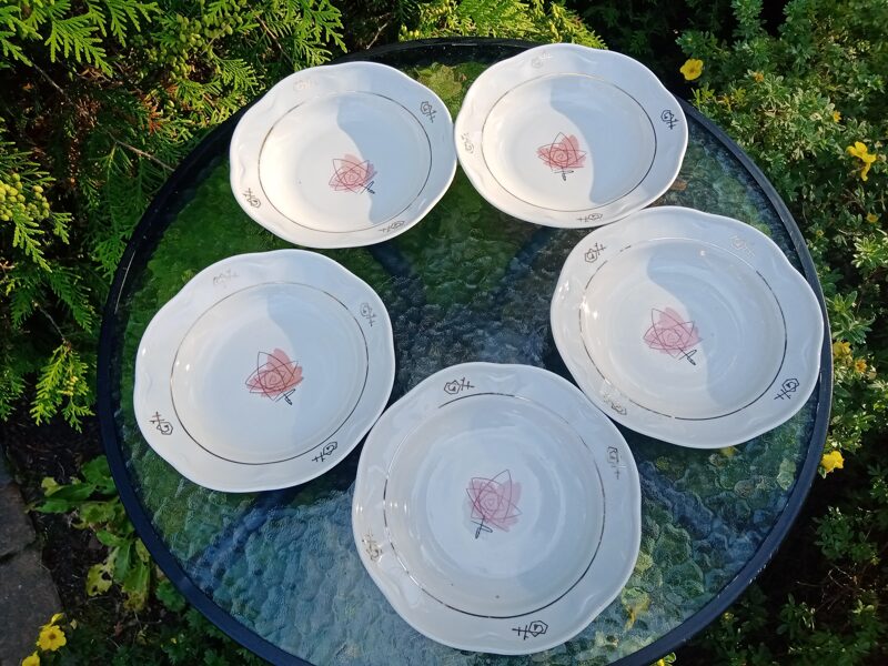 Rokoko zupas šķīvis 20cm, ar rozā rozi, PFF (Rokoko 13)