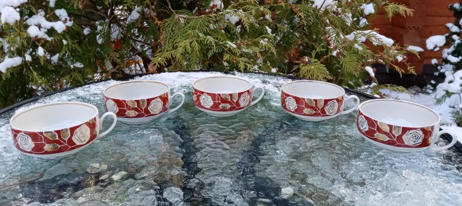 Krūzītes, kafijas servīze "Saulīte" ar bordo un zelta rozēm, PFF (Saulīte 21)