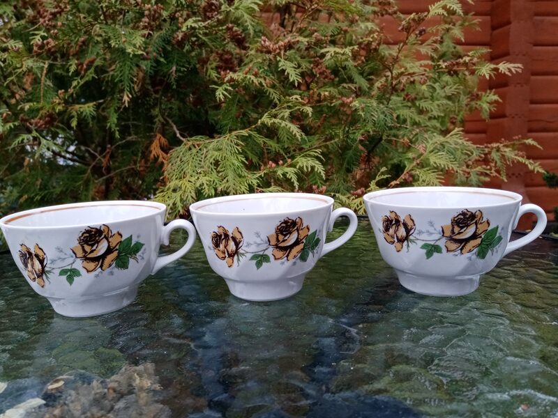 Krūzītes tējas ar tumši bešām rozēm un gaiši brūnu lustru (bez zelta), tējas servīze "Viktorija" (Viktorija t 49)